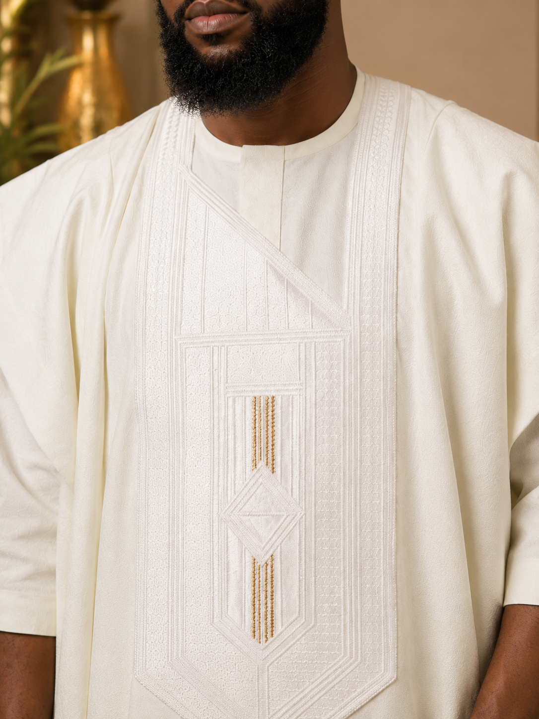 King Wales Luxury Cream Embroidered Agbada for Men – Premium Nigerian Traditional Wedding Outfit with Handcrafted Geometric Embroidery