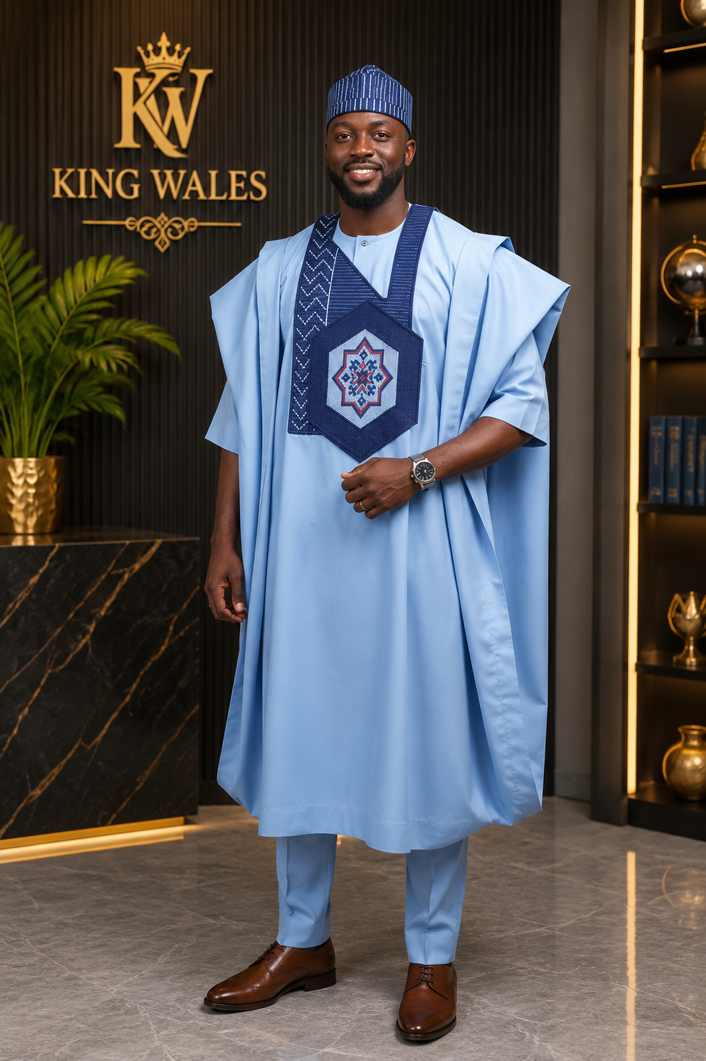 King Wales Luxury Sky Blue Embroidered Agbada for Men – Premium Nigerian Traditional Wedding Outfit with Handcrafted Geometric Embroidery