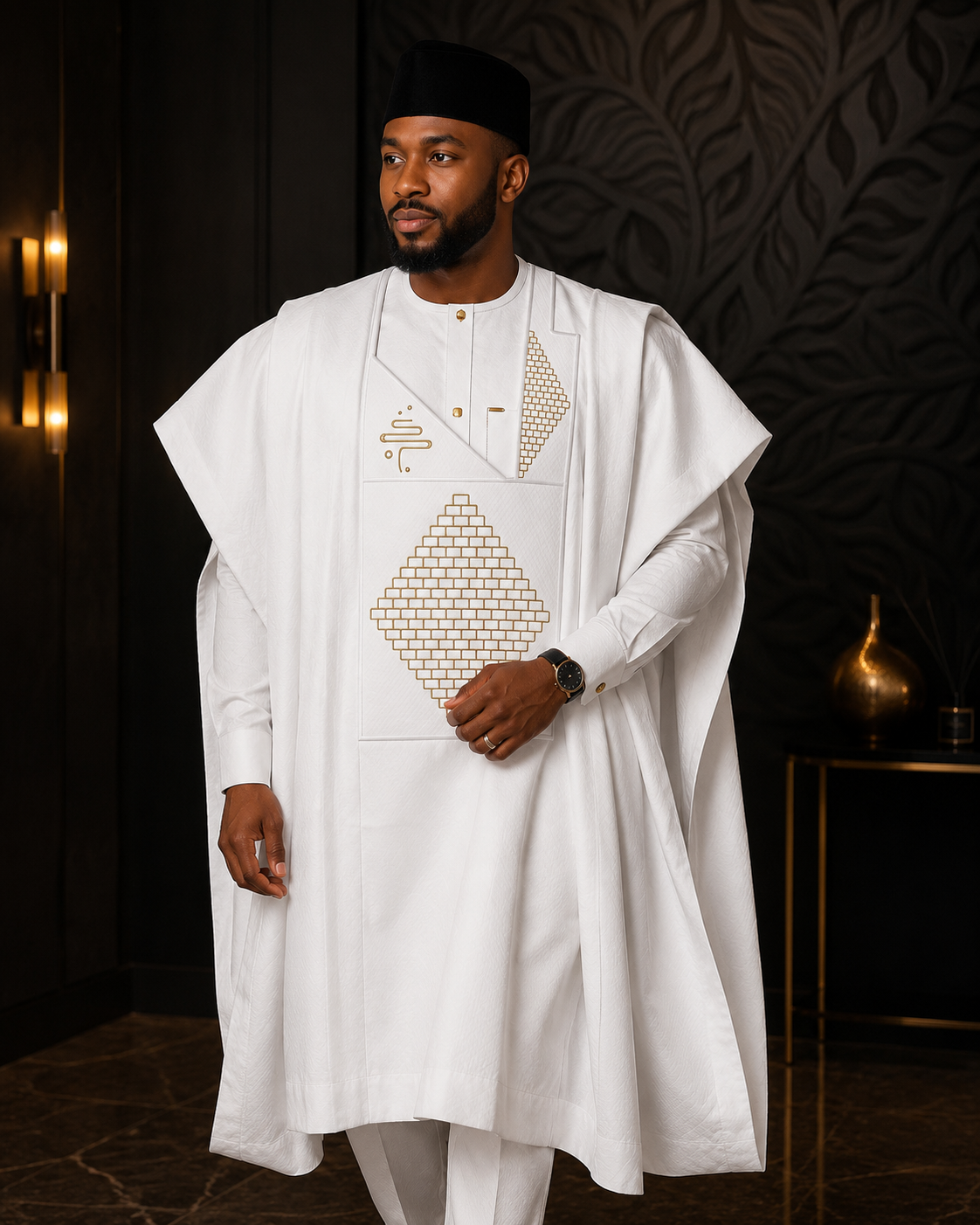 KingWales Imperial White Luxury Agbada for Men – Premium Hand-Embroidered Nigerian Traditional Attire