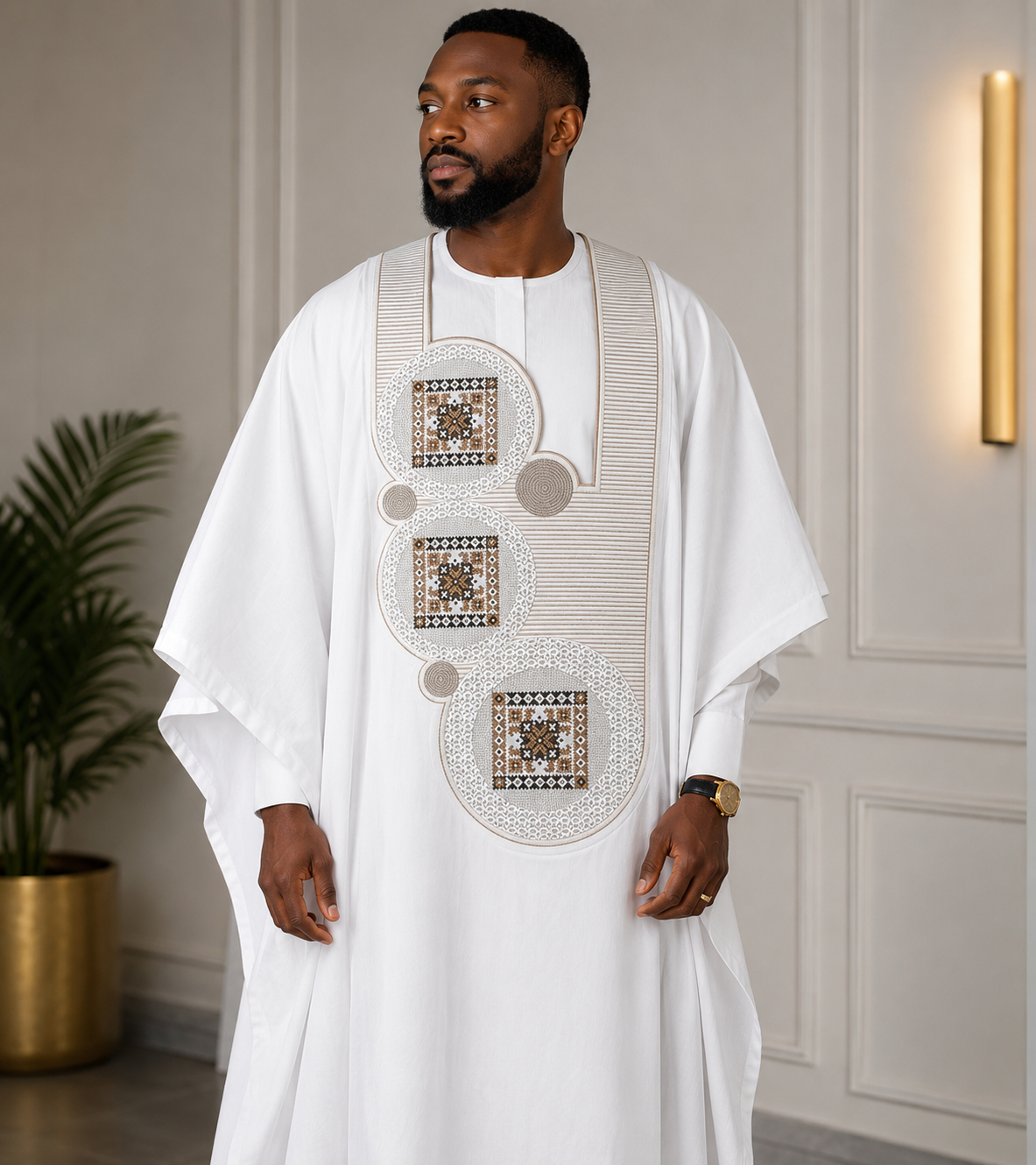 KingWales Imperial White Luxury Agbada for Men – Premium Hand-Embroidered Nigerian Traditional Attire
