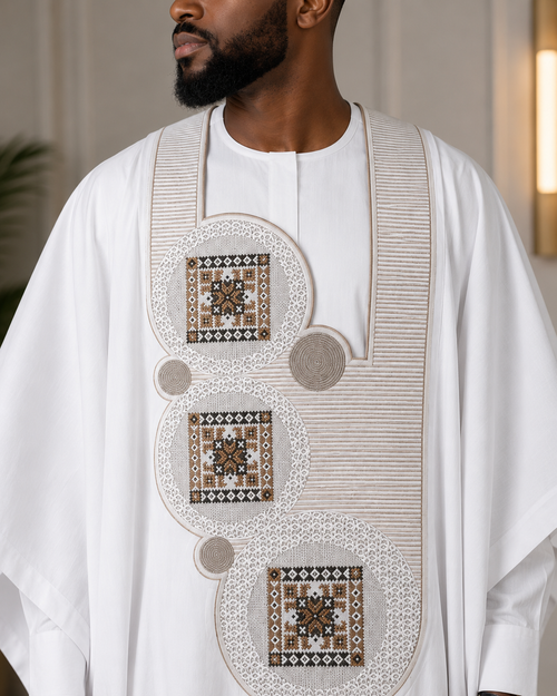 KingWales Imperial White Luxury Agbada for Men – Premium Hand-Embroidered Nigerian Traditional Attire