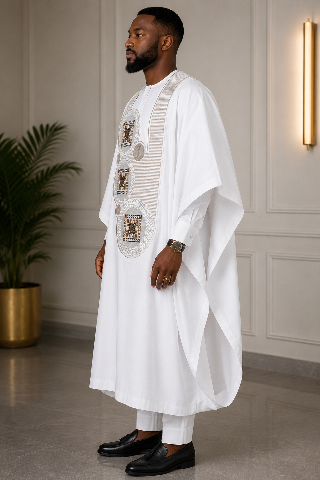 KingWales Imperial White Luxury Agbada for Men – Premium Hand-Embroidered Nigerian Traditional Attire