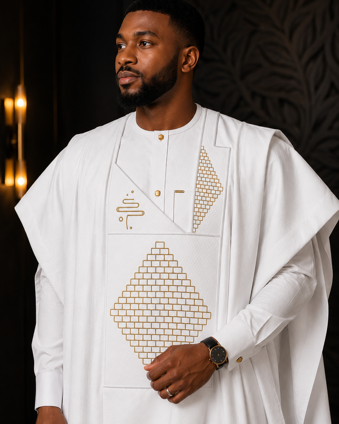 KingWales Imperial White Luxury Agbada for Men – Premium Hand-Embroidered Nigerian Traditional Attire