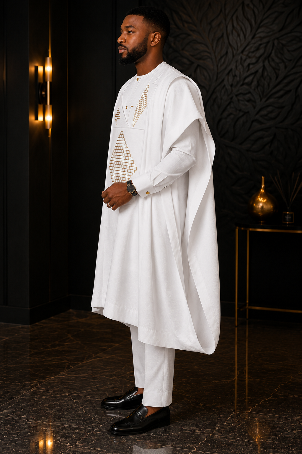 KingWales Imperial White Luxury Agbada for Men – Premium Hand-Embroidered Nigerian Traditional Attire