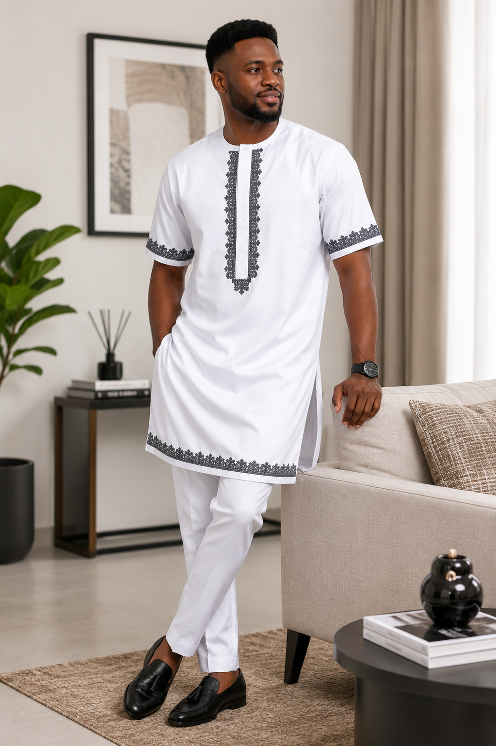 Luxury White Senator Kaftan for Men | Premium African Traditional Wear | King Wales
