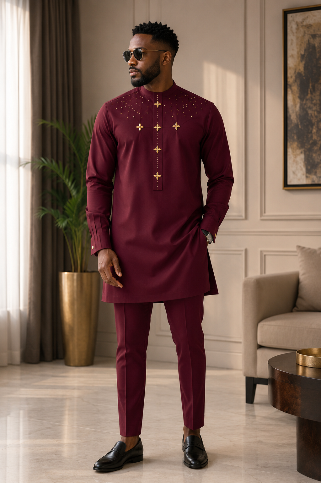Luxury Burgundy Senator Kaftan for Men | Premium African Traditional Wear | King Wales