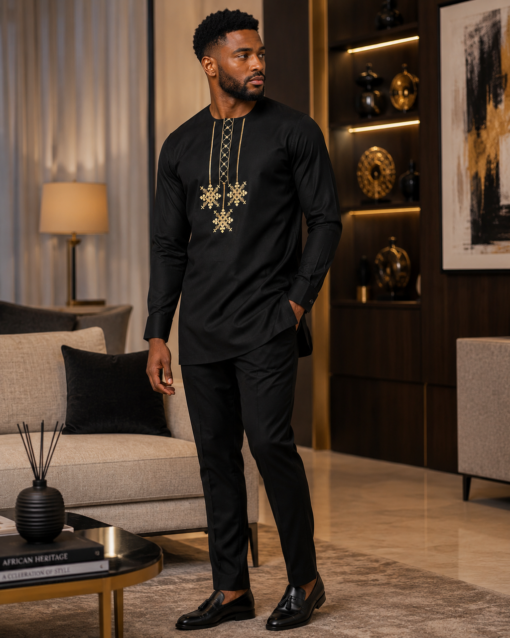 Luxury Black Senator Kaftan for Men | Premium African Traditional Wear | King Wales