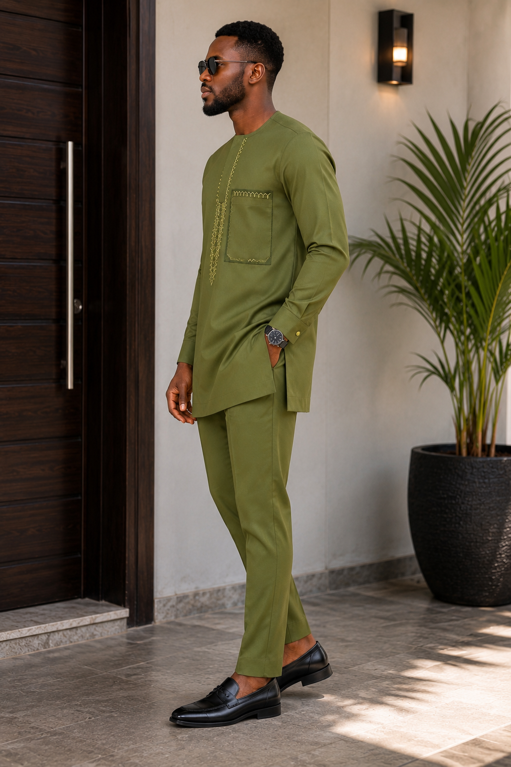 Luxury Olive Green Senator Kaftan for Men | Premium African Traditional Wear | King Wales