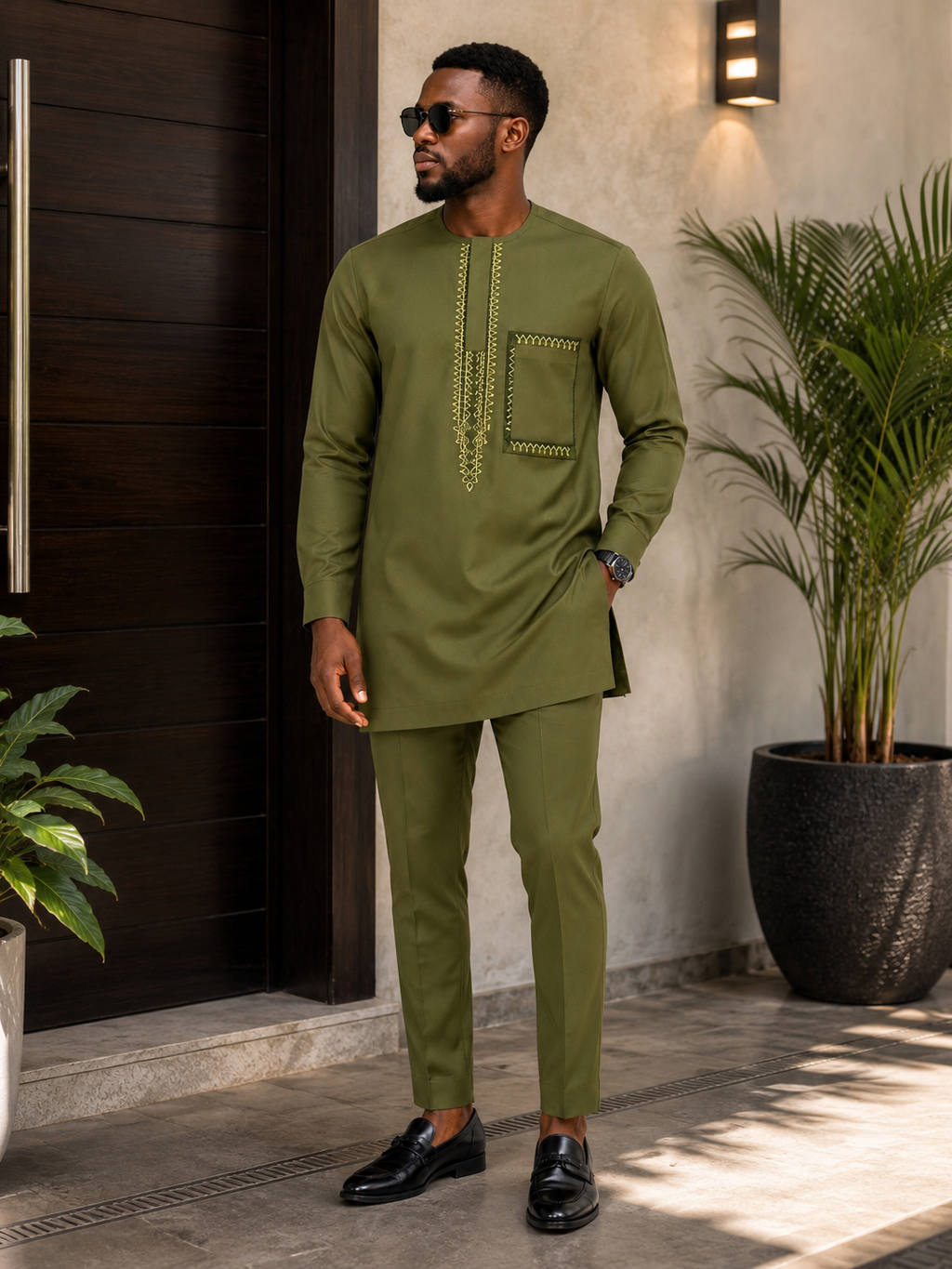 Luxury Olive Green Senator Kaftan for Men | Premium African Traditional Wear | King Wales