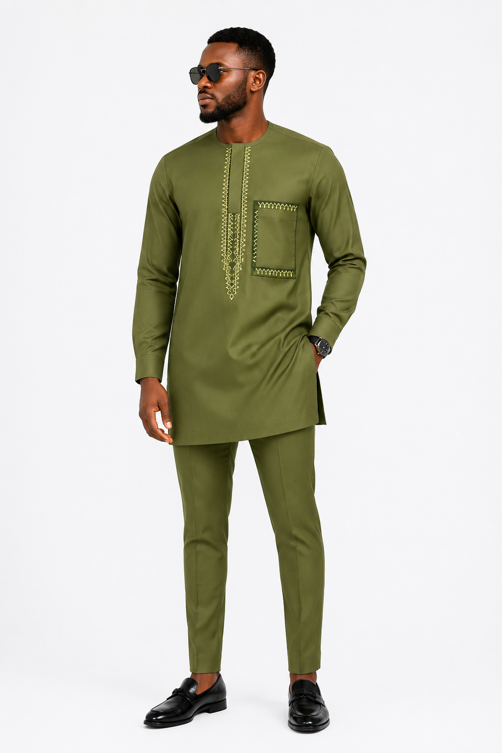Luxury Olive Green Senator Kaftan for Men | Premium African Traditional Wear | King Wales